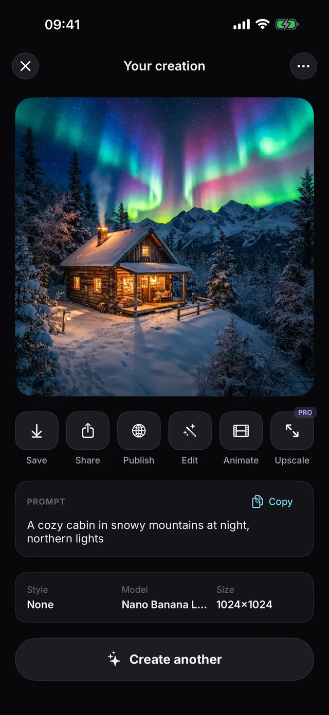 A generated cabin under the northern lights
